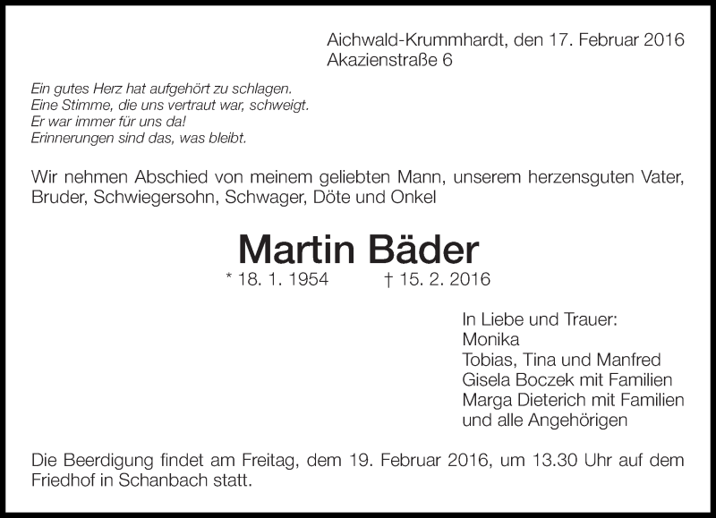  Traueranzeige für Martin Bäder vom 17.02.2016 aus Eßlinger Zeitung/Cannstatter Zeitung