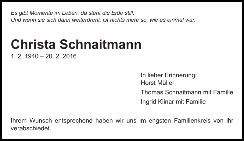  Traueranzeige für Christa Schnaitmann vom 26.02.2016 aus Eßlinger Zeitung/Cannstatter Zeitung