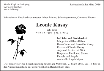 Traueranzeige von Leonie Kusay von Eßlinger Zeitung/Cannstatter Zeitung