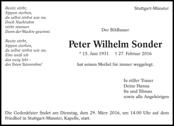Traueranzeige von Peter Wilhelm Sonder von Eßlinger Zeitung/Cannstatter Zeitung