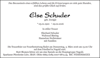 Traueranzeige von Else Schuder von Eßlinger Zeitung/Cannstatter Zeitung