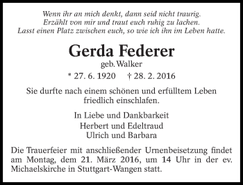 Traueranzeige von Gerda Federer von Eßlinger Zeitung/Cannstatter Zeitung