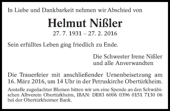Traueranzeige von Helmut Nißler von Eßlinger Zeitung/Cannstatter Zeitung