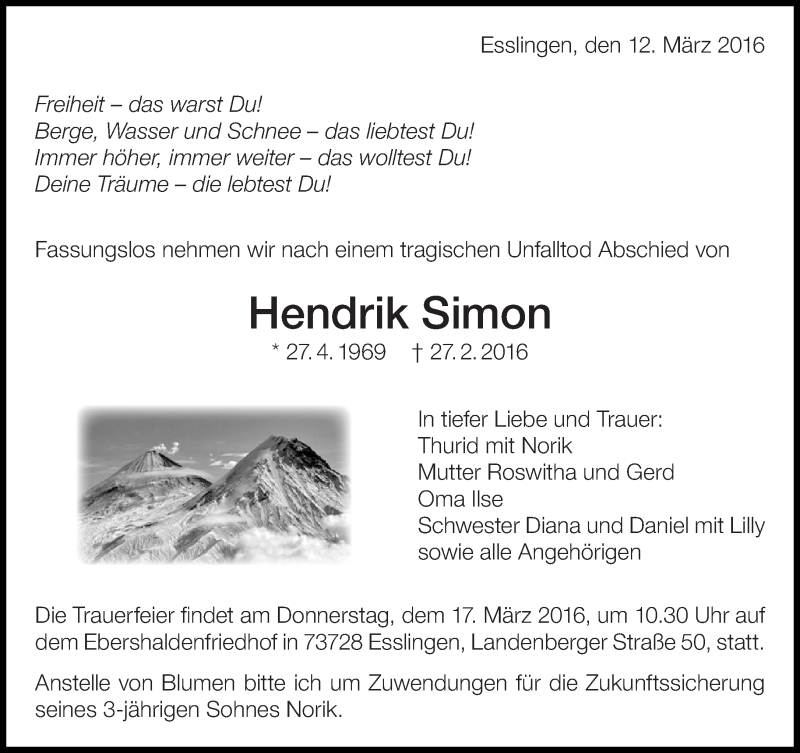  Traueranzeige für Hendrik Simon vom 12.03.2016 aus Eßlinger Zeitung/Cannstatter Zeitung