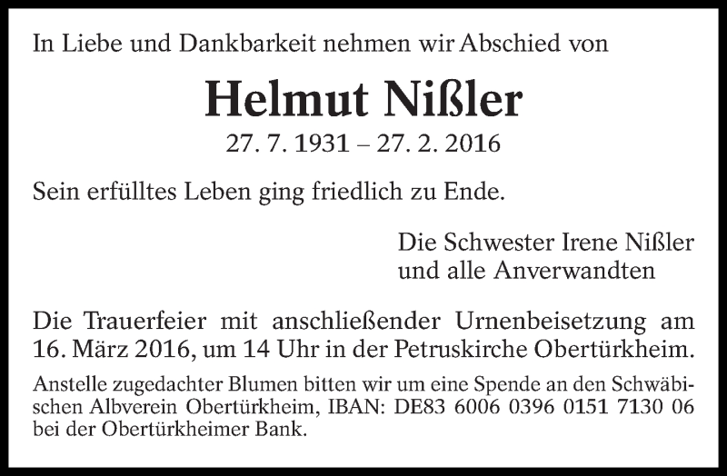  Traueranzeige für Helmut Nißler vom 09.03.2016 aus Eßlinger Zeitung/Cannstatter Zeitung