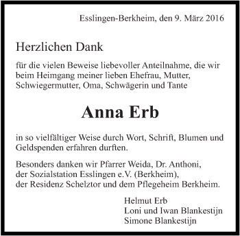 Traueranzeige von Anna Erb von Eßlinger Zeitung/Cannstatter Zeitung
