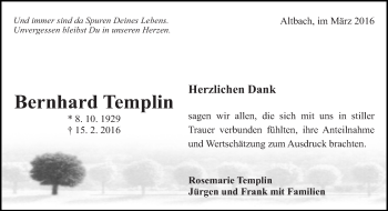 Traueranzeige von Bernhard Templin von Eßlinger Zeitung/Cannstatter Zeitung