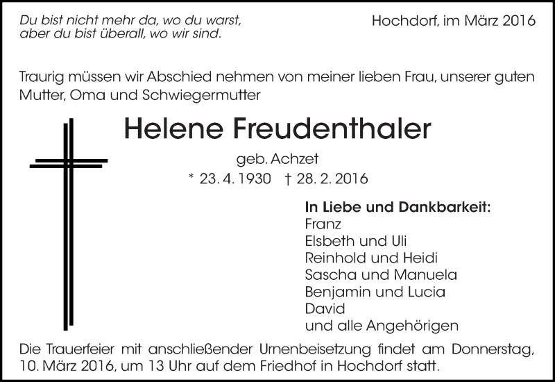  Traueranzeige für Helene Freudenthaler vom 04.03.2016 aus Eßlinger Zeitung/Cannstatter Zeitung