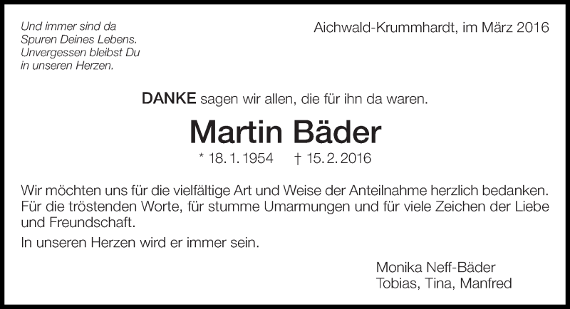  Traueranzeige für Martin Bäder vom 02.03.2016 aus Eßlinger Zeitung/Cannstatter Zeitung