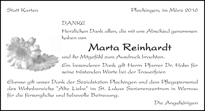  Traueranzeige für Marta Reinhardt vom 02.03.2016 aus Eßlinger Zeitung/Cannstatter Zeitung