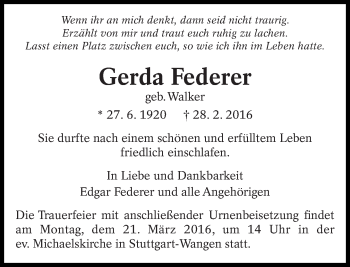 Traueranzeige von Gerda Federer von Eßlinger Zeitung/Cannstatter Zeitung