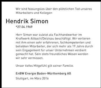 Traueranzeige von Hendrik Simon von Eßlinger Zeitung/Cannstatter Zeitung