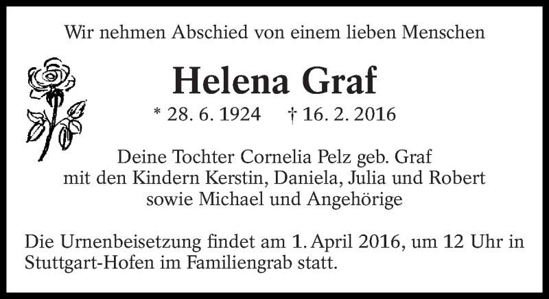  Traueranzeige für Helena Graf vom 29.03.2016 aus Eßlinger Zeitung/Cannstatter Zeitung