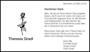 Traueranzeige von Theresia Gradl von Eßlinger Zeitung/Cannstatter Zeitung