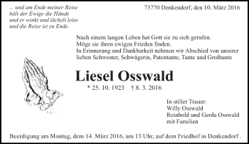 Traueranzeige von Liesel Osswald von Eßlinger Zeitung/Cannstatter Zeitung