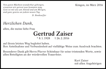 Traueranzeige von Gertrud Zaiser von Eßlinger Zeitung/Cannstatter Zeitung