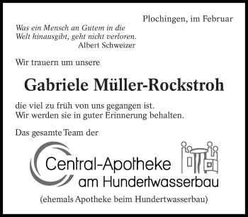 Traueranzeige von Gabriele Müller-Rockstroh von Eßlinger Zeitung/Cannstatter Zeitung