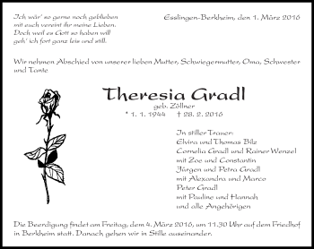 Traueranzeige von Theresia Gradl von Eßlinger Zeitung/Cannstatter Zeitung
