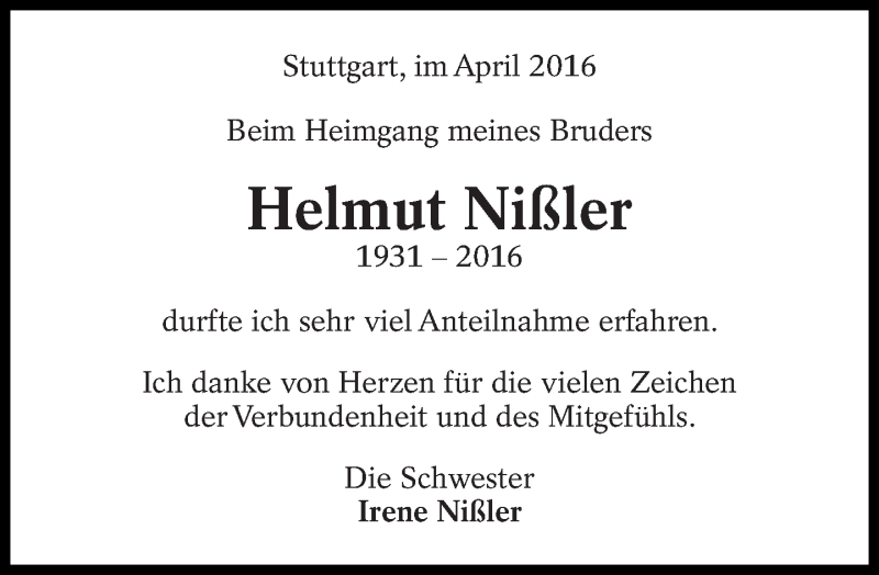  Traueranzeige für Helmut Nißler vom 11.04.2016 aus Eßlinger Zeitung/Cannstatter Zeitung