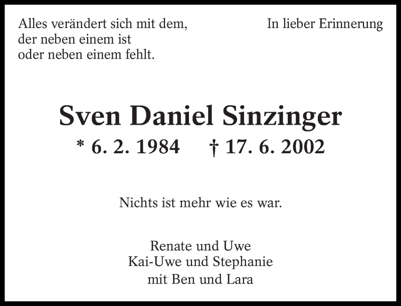  Traueranzeige für Sven Daniel Sinzinger vom 17.06.2016 aus Eßlinger Zeitung/Cannstatter Zeitung