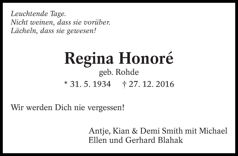  Traueranzeige für Regina Honoré vom 07.01.2017 aus Eßlinger Zeitung/Cannstatter Zeitung