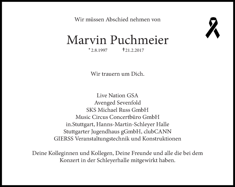  Traueranzeige für Marvin Puchmeier vom 25.02.2017 aus Eßlinger Zeitung/Cannstatter Zeitung