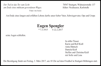 Traueranzeige von Eugen Spengler von Eßlinger Zeitung/Cannstatter Zeitung