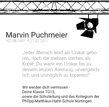 Traueranzeige von Marvin Puchmeier von Eßlinger Zeitung/Cannstatter Zeitung
