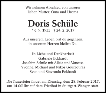 Traueranzeige von Doris Schüle von Eßlinger Zeitung/Cannstatter Zeitung