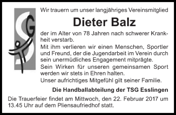 Traueranzeige von Dieter Balz von Eßlinger Zeitung/Cannstatter Zeitung