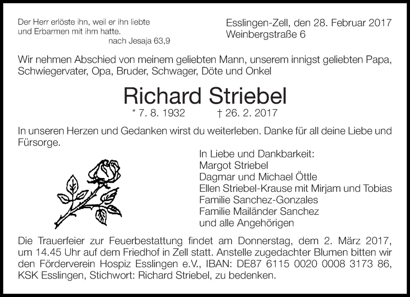  Traueranzeige für Richard Striebel vom 28.02.2017 aus Eßlinger Zeitung/Cannstatter Zeitung