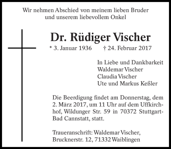 Traueranzeige von Rüdiger Vischer von Eßlinger Zeitung/Cannstatter Zeitung