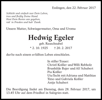 Traueranzeige von Hedwig Egeler von Eßlinger Zeitung/Cannstatter Zeitung