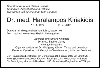 Traueranzeige von Haralampos Kiriakidis von Eßlinger Zeitung/Cannstatter Zeitung