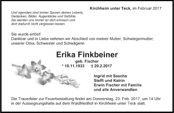 Traueranzeige von Erika Finkbeiner von Eßlinger Zeitung/Cannstatter Zeitung