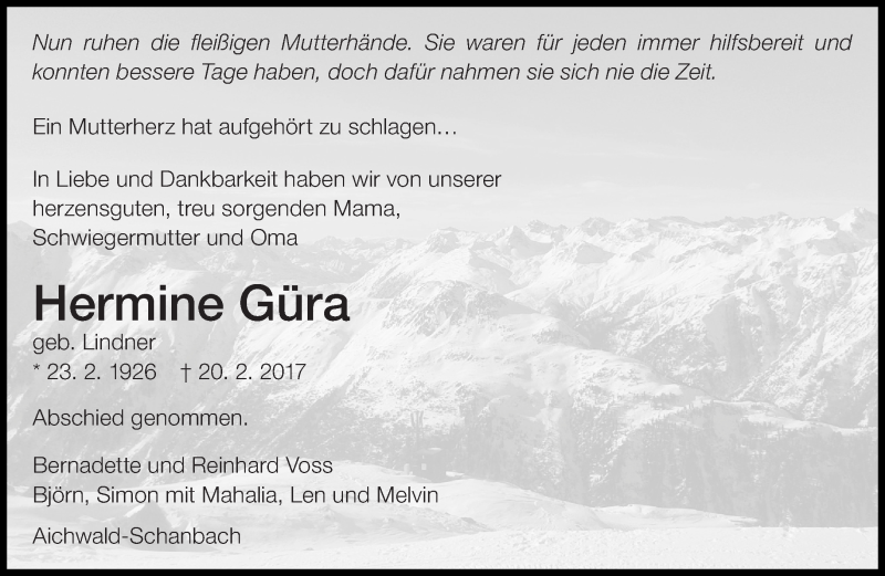  Traueranzeige für Hermine Güra vom 24.02.2017 aus Eßlinger Zeitung/Cannstatter Zeitung