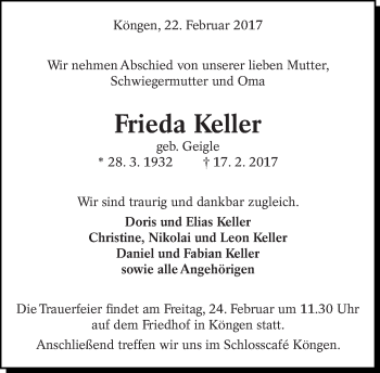 Traueranzeige von Frieda Keller von Eßlinger Zeitung/Cannstatter Zeitung