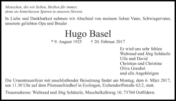 Traueranzeige von Hugo Basel von Eßlinger Zeitung/Cannstatter Zeitung