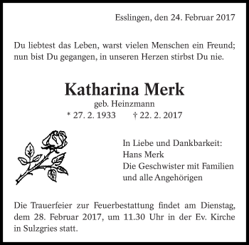 Traueranzeige von Katharina Merk von Eßlinger Zeitung/Cannstatter Zeitung
