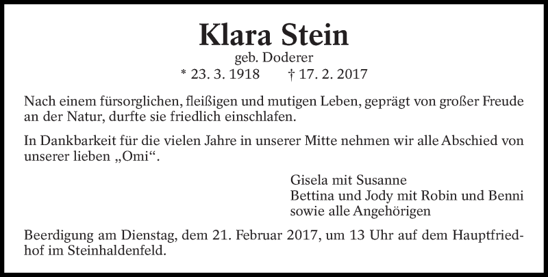  Traueranzeige für Klara Stein vom 18.02.2017 aus Eßlinger Zeitung/Cannstatter Zeitung