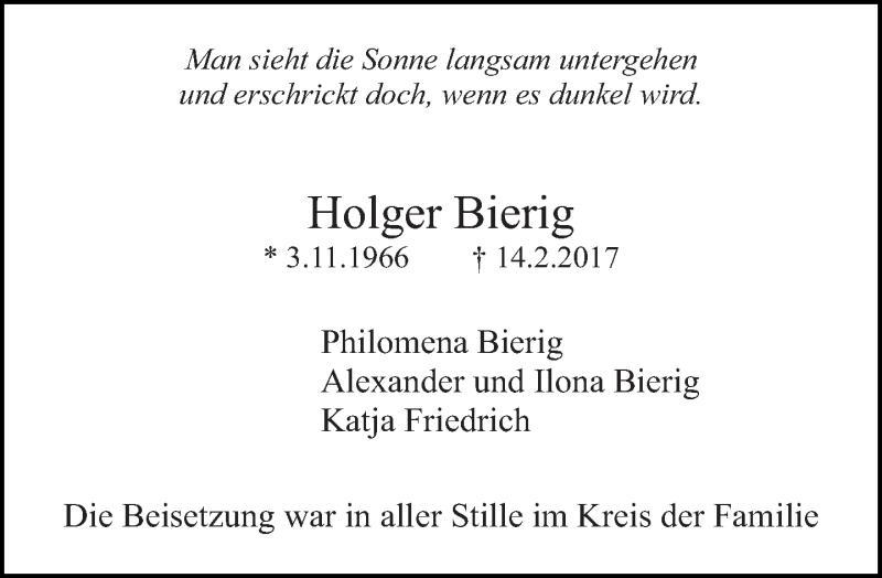  Traueranzeige für Holger Bierig vom 17.03.2017 aus Eßlinger Zeitung/Cannstatter Zeitung