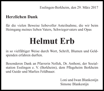 Traueranzeige von Helmut Erb von Eßlinger Zeitung/Cannstatter Zeitung