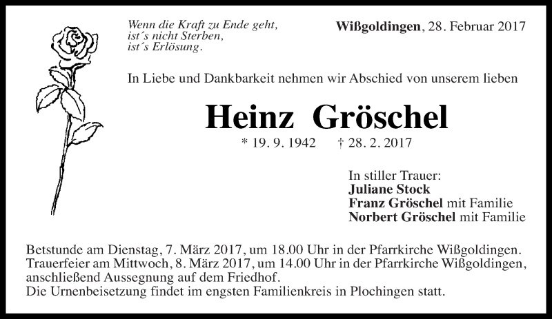  Traueranzeige für Heinz Gröschel vom 04.03.2017 aus Eßlinger Zeitung/Cannstatter Zeitung