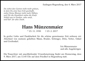 Traueranzeige von Hans Münzenmaier von Eßlinger Zeitung/Cannstatter Zeitung