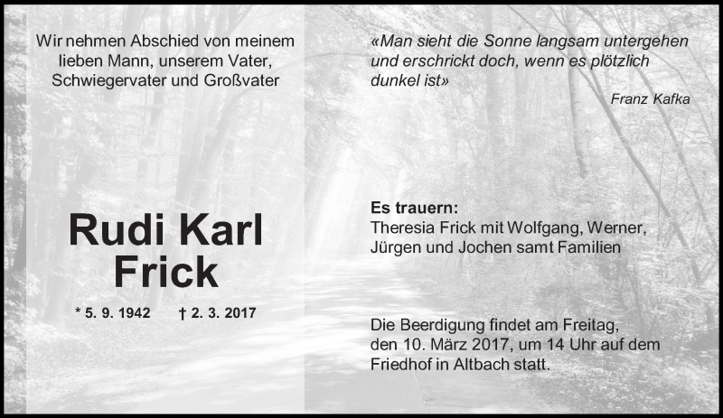  Traueranzeige für Rudi Karl Frick vom 07.03.2017 aus Eßlinger Zeitung/Cannstatter Zeitung