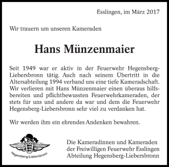 Traueranzeige von Hans Münzenmaier von Eßlinger Zeitung/Cannstatter Zeitung