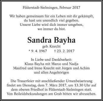 Traueranzeige von Sandra Bayha von Eßlinger Zeitung/Cannstatter Zeitung