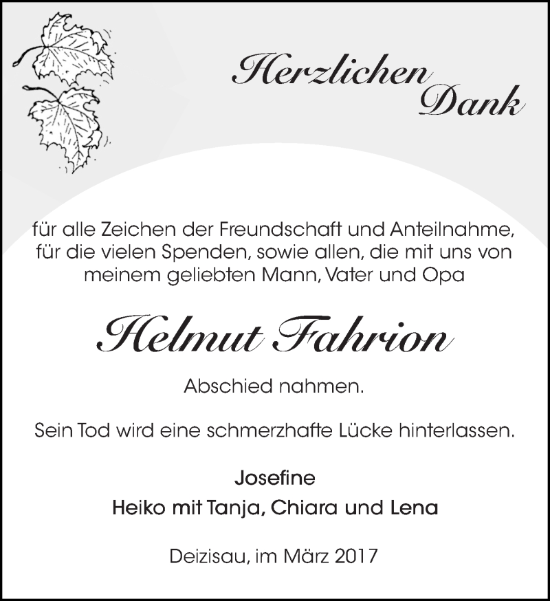  Traueranzeige für Helmut Fahrion vom 15.03.2017 aus Eßlinger Zeitung/Cannstatter Zeitung