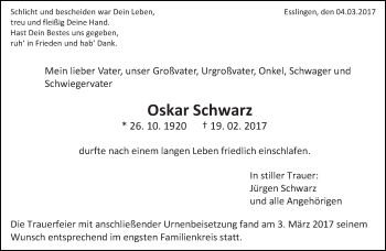 Traueranzeige von Oskar Schwarz von Eßlinger Zeitung/Cannstatter Zeitung