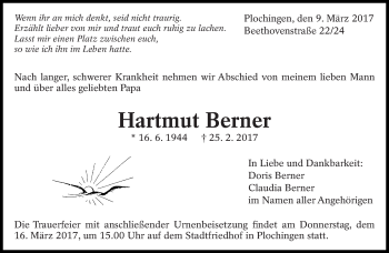 Traueranzeige von Hartmut Berner von Eßlinger Zeitung/Cannstatter Zeitung